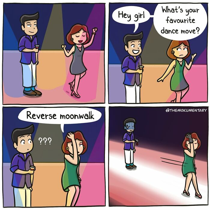 Couple at a party dancing and talking about favorite dance moves in a comic capturing randomness of everyday life.