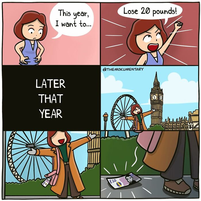 Comic showing a woman setting a New Year's goal, then later enjoying travel, capturing everyday randomness humor.