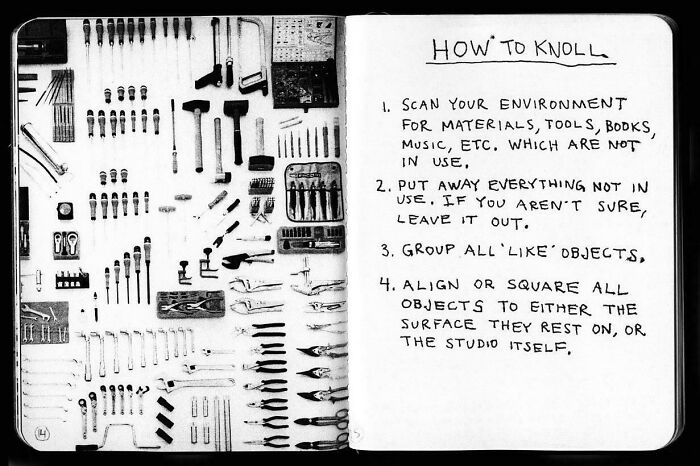 Notebook with neatly knolled tools on one page and handwritten steps on how to knoll for order and organization.