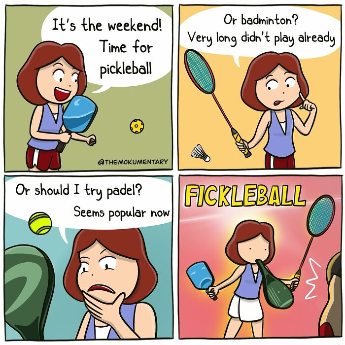 Comic strip showing a woman humorously confused about playing pickleball, badminton, or padel capturing everyday randomness.