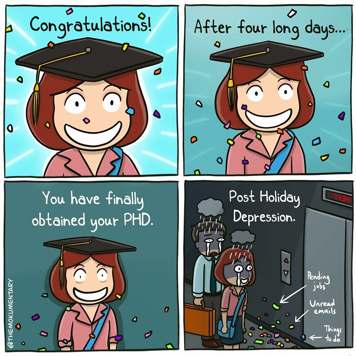 Cartoon comic illustrating everyday life randomness with a graduate facing post-holiday depression and pending tasks.