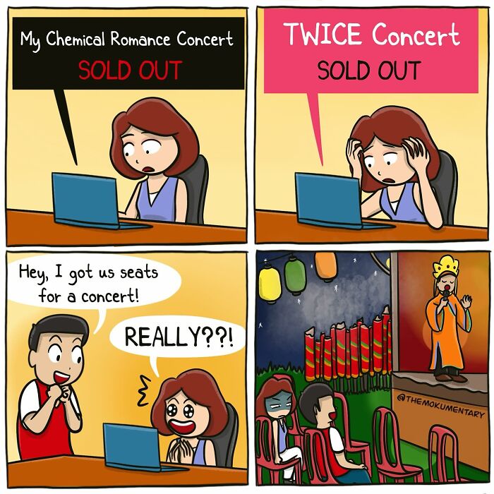 Woman frustrated by sold out concerts then surprised by boyfriend with tickets in comic capturing randomness of everyday life.