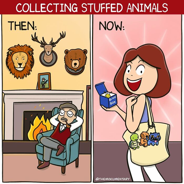 Cartoon comic showing then and now of collecting stuffed animals, humorously capturing randomness of everyday life.