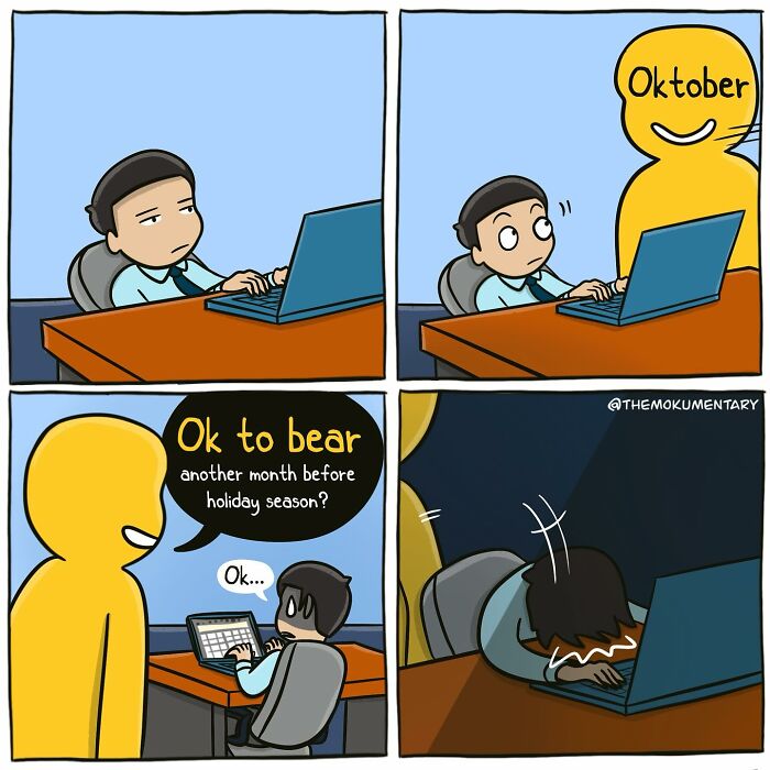 Comic panels showing a person struggling with the randomness of everyday life as October approaches before the holiday season.