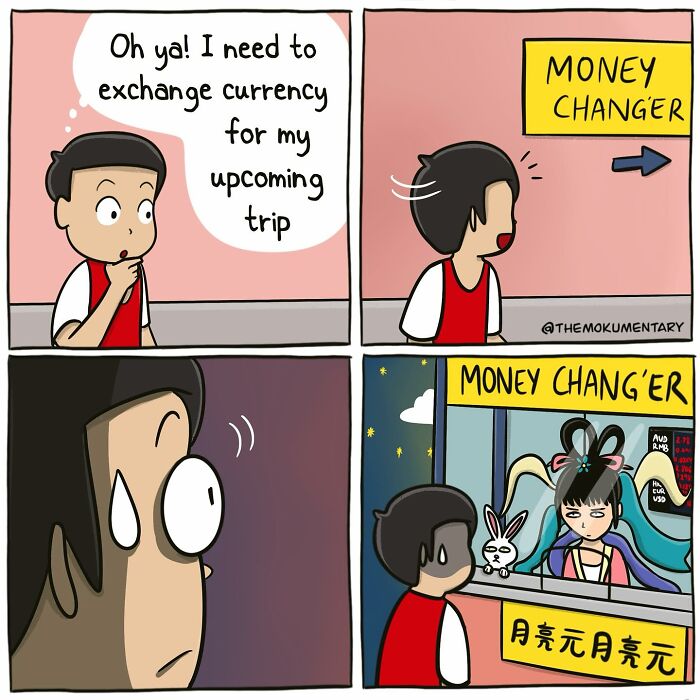 Comic strip showing a person discovering a humorous twist at a money changer, capturing randomness of everyday life.
