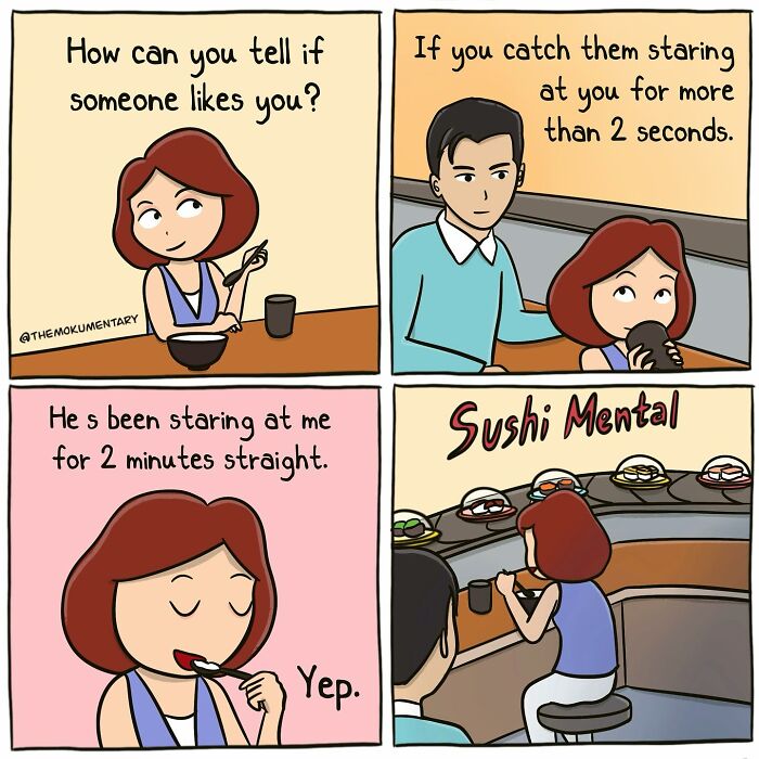 Comic illustrating the randomness of everyday life with a humorous sushi restaurant interaction between two characters.