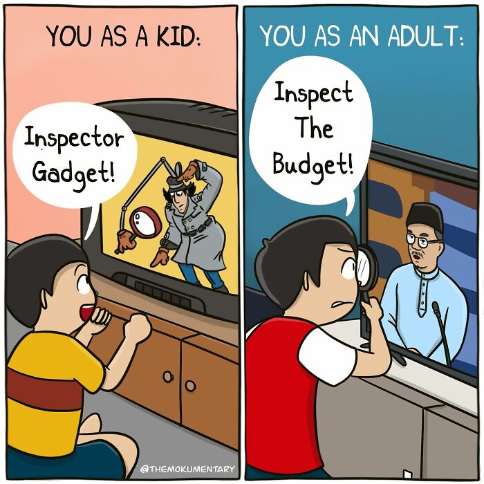 Comic illustration showing the randomness of everyday life, comparing childhood fun with adult concerns in a humorous way.