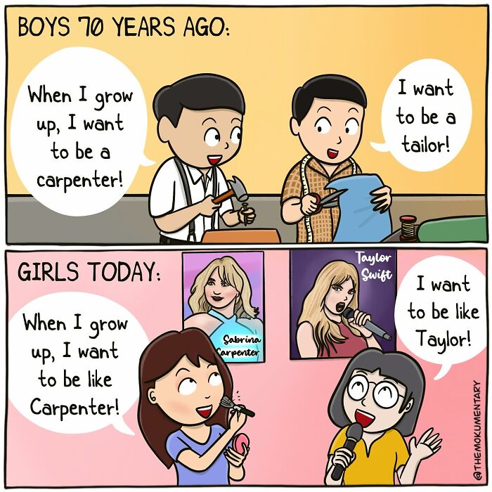 Cartoon comic illustrating changes in career dreams over time, capturing randomness of everyday life with humor and nostalgia.