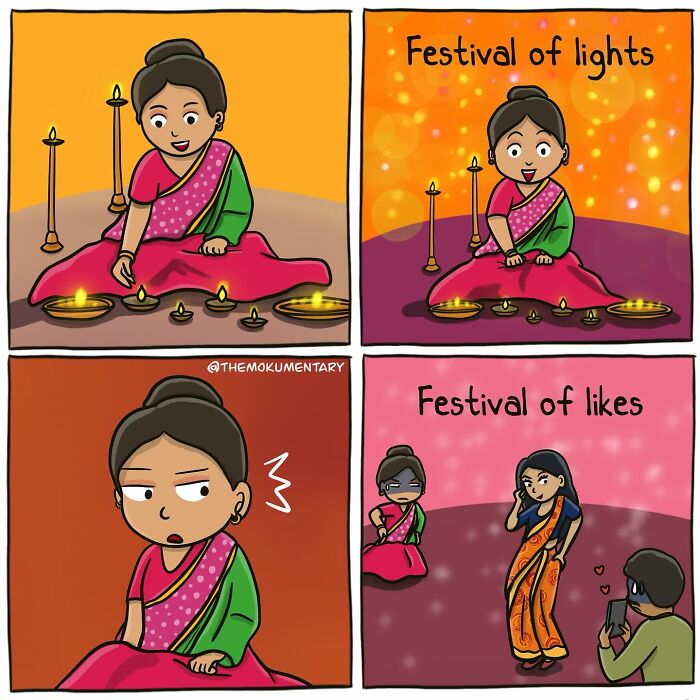 Comic showing a woman celebrating a traditional festival with lamps, then feeling left out during a social media festival of likes.