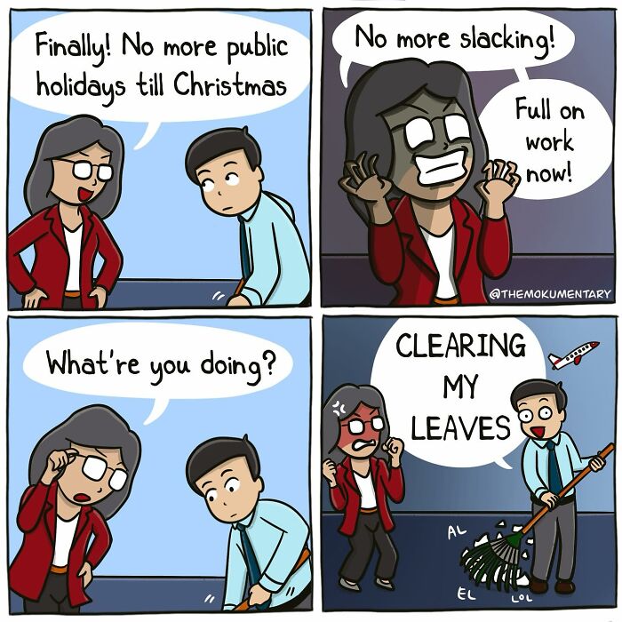 Two coworkers in a comic strip humorously capturing randomness of everyday life with a playful pun about clearing leaves.