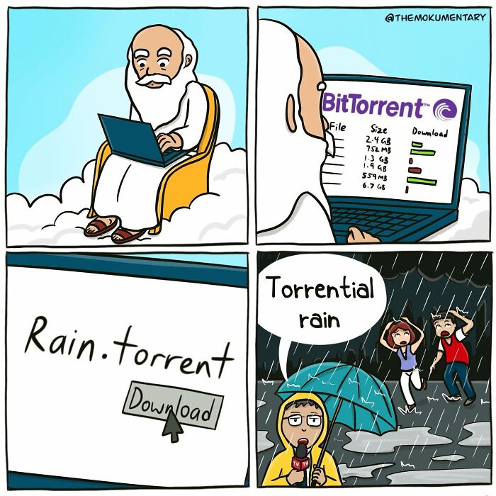 Comic depicting randomness of everyday life with a humorous torrent rain pun and a person using a laptop on clouds.