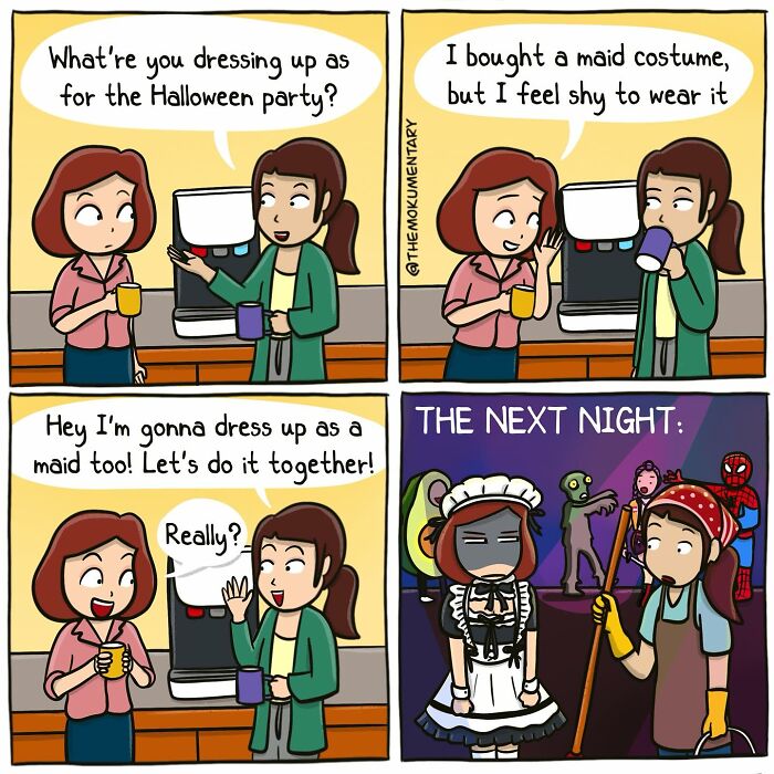 Two women talk about dressing up as maids for Halloween, then one appears shy while the other wears a maid costume next night.