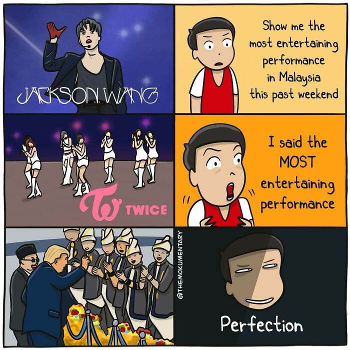 Comic panels humorously capturing the randomness of everyday life with entertaining performances and unexpected moments.