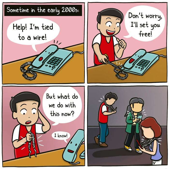 Comic strip showing the randomness of everyday life with a phone cord cut and characters tangled in wires.