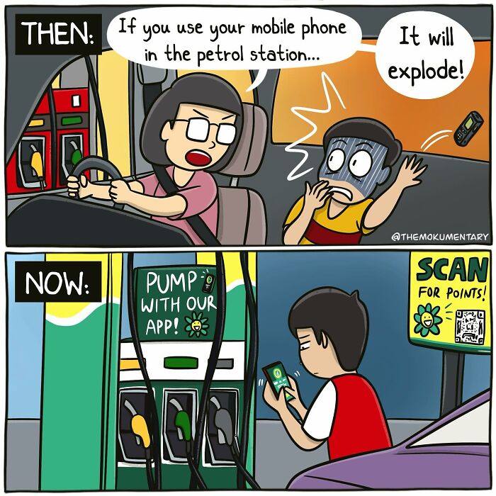 Comic illustrating randomness of everyday life with changing mobile phone use at petrol stations, from danger to convenience.