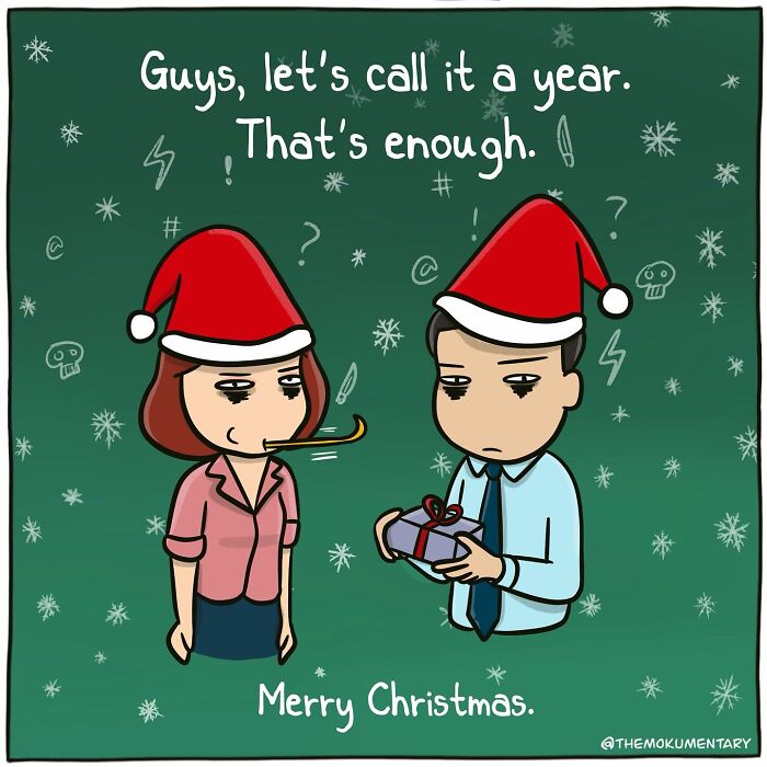 Comic of two people in Santa hats expressing holiday exhaustion, capturing randomness of everyday life with a humorous Christmas theme.