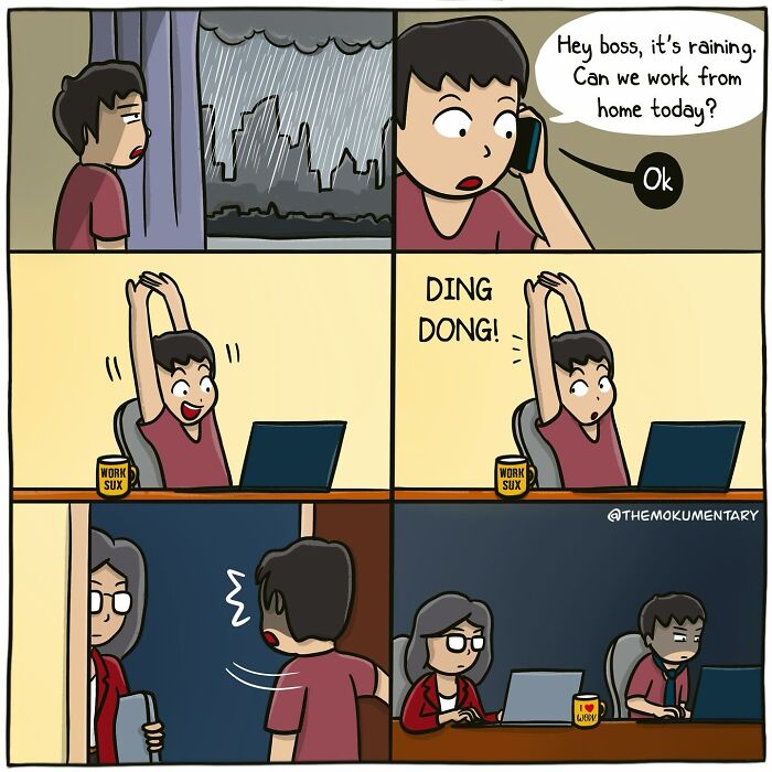 Comic showing randomness of everyday life with a man working from home, then unexpectedly returning to the office.