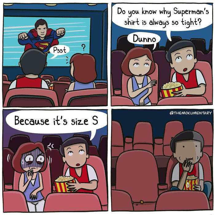 Comic capturing randomness of everyday life showing a funny conversation about Superman's tight shirt in a movie theater.