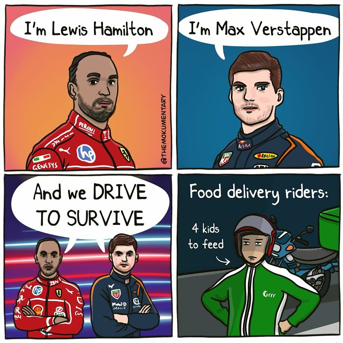 Comic depicting Lewis Hamilton and Max Verstappen racing contrasted with a food delivery rider highlighting randomness of everyday life.