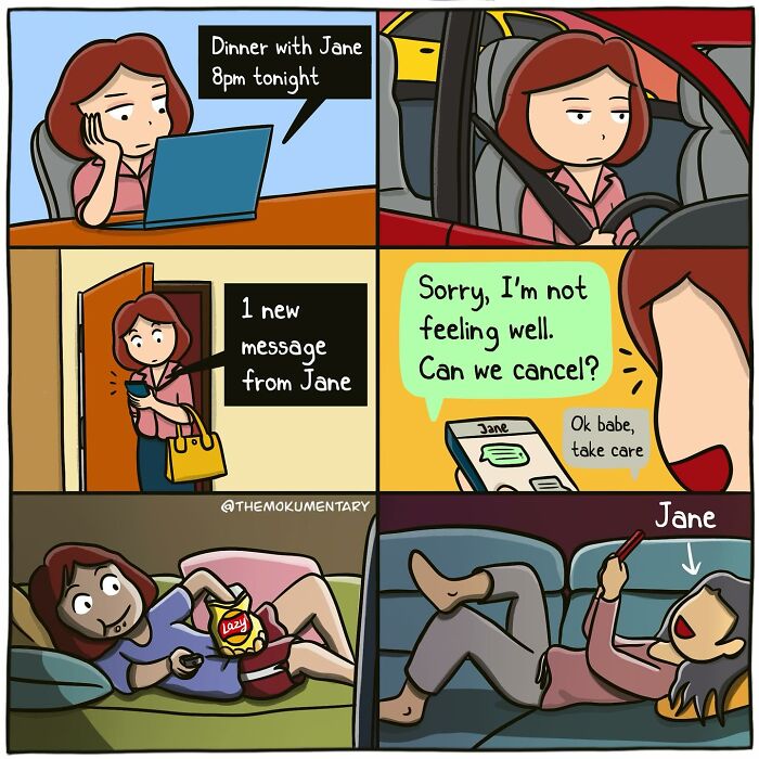 Comic strip showing a woman canceling plans with Jane and relaxing at home, capturing the randomness of everyday life.