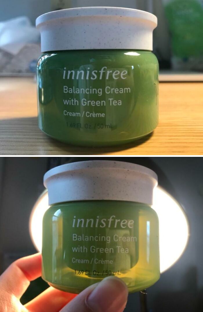 Innisfree Balancing Cream with Green Tea jar shown in two lighting conditions revealing misleading packaging.