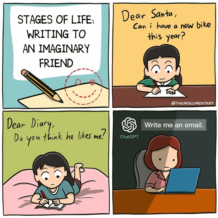 Comic illustrating the randomness of everyday life through writing to imaginary friends at different life stages.