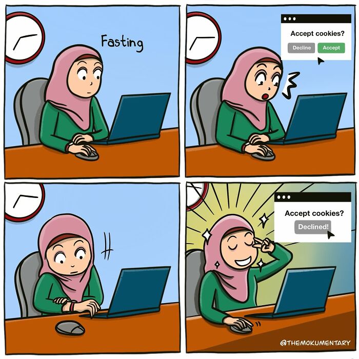 Comic panels showing a woman fasting, reacting to cookie consent pop-ups, highlighting randomness of everyday life moments.