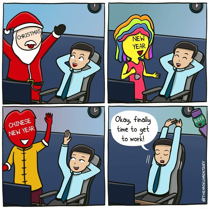 Comic panels showing a man relaxed at work during Christmas, New Year, and Chinese New Year, then ready to get to work.