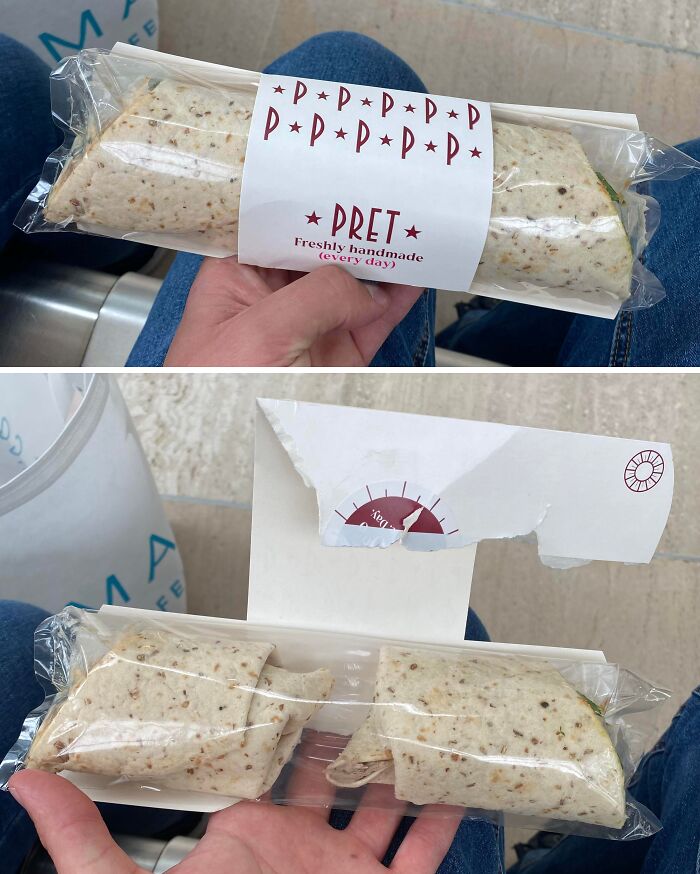 Misleading packaging showing a Pret wrap that appears whole but is actually torn into smaller, separated pieces inside.