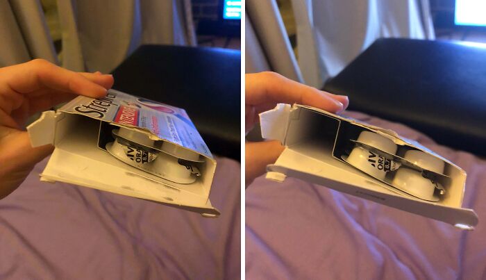 Hand holding a nearly empty pack of gum with misleading packaging showing fewer pieces than expected.