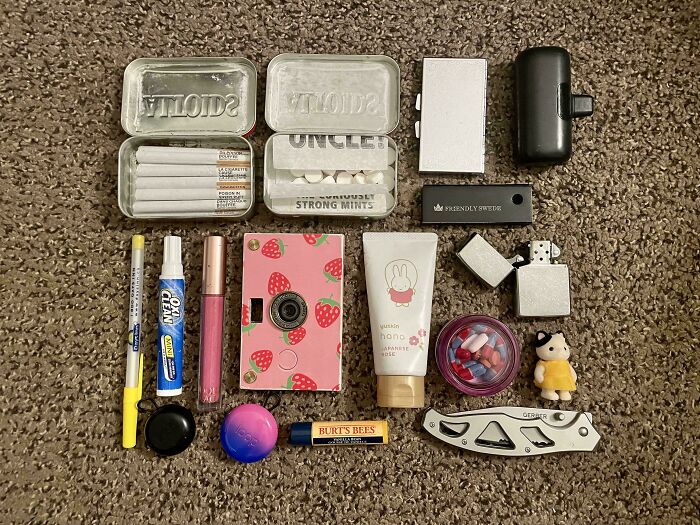Neatly arranged everyday items including mints, lip balm, camera, and lighter, satisfying the need for order.