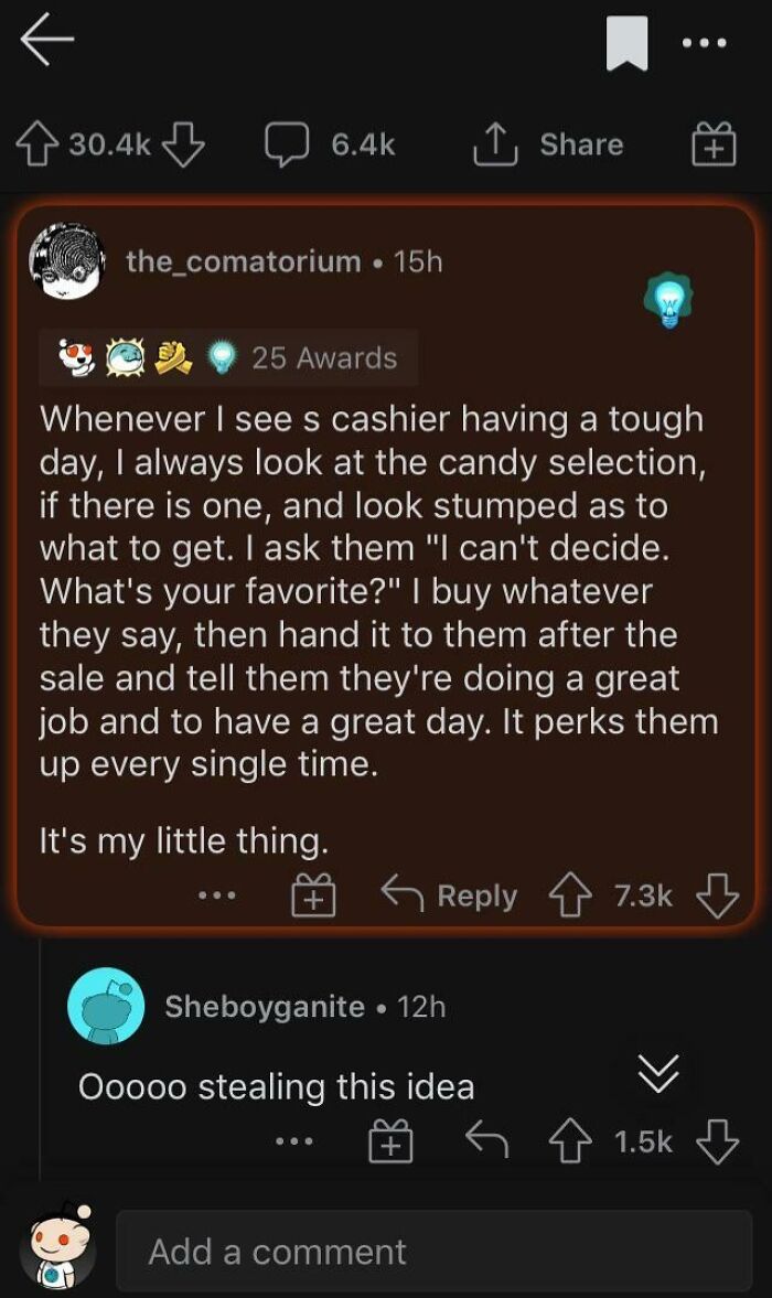 Reddit post sharing a kind gesture of buying candy for a stressed cashier, restoring faith in humanity.