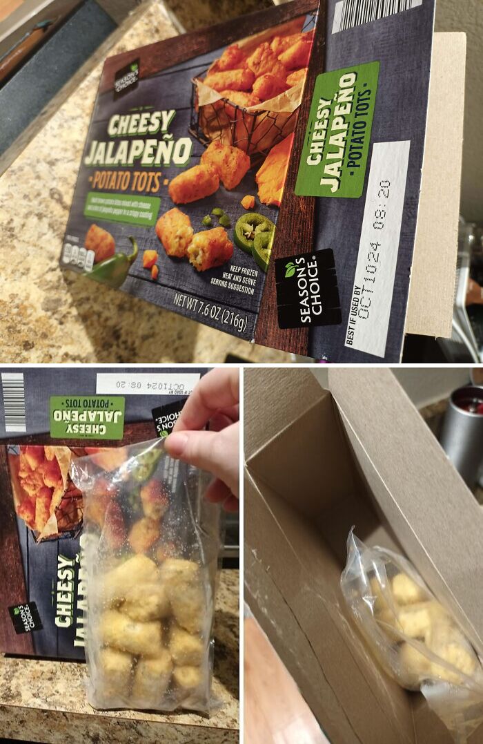 Cheesy jalapeño potato tots box showing misleading packaging with small amount of tots inside plastic bag.