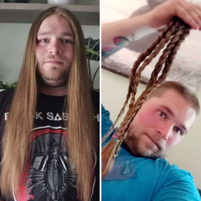 Man with long hair before and after cutting it to braids, showing faith in humanity restored through kind strangers' actions.
