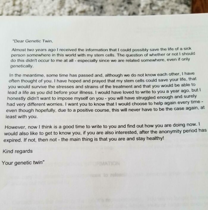 Letter from a genetic twin offering hope and support, showing faith in humanity restored through kindness to strangers.