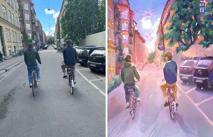 Two people cycling on a city street during the day, illustrating faith in humanity and kindness between strangers.