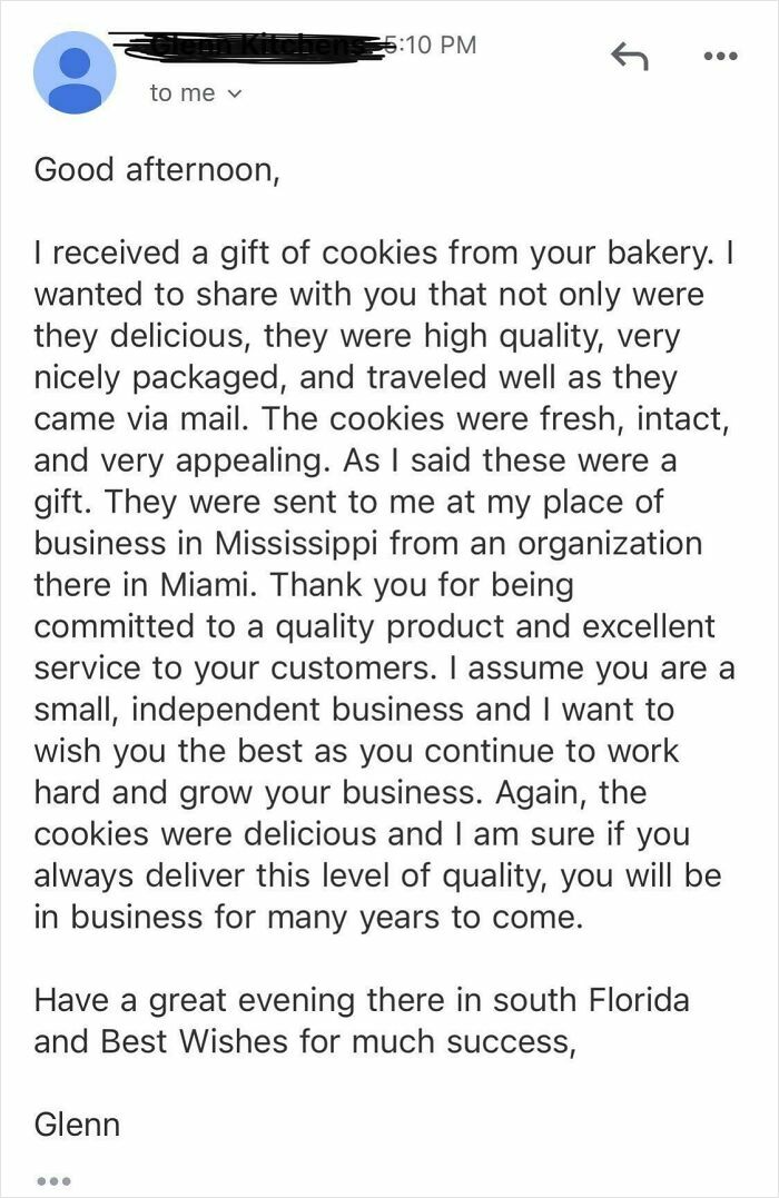 Email praising the quality and packaging of cookies, showing faith in humanity restored through kind stranger’s thoughtful gesture.