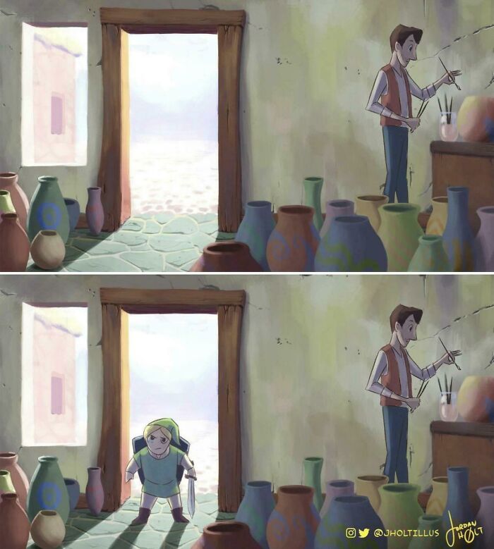 Animated scene showing frozen frames of a man painting vases and a child entering the room holding a sword, capturing frozen frames.