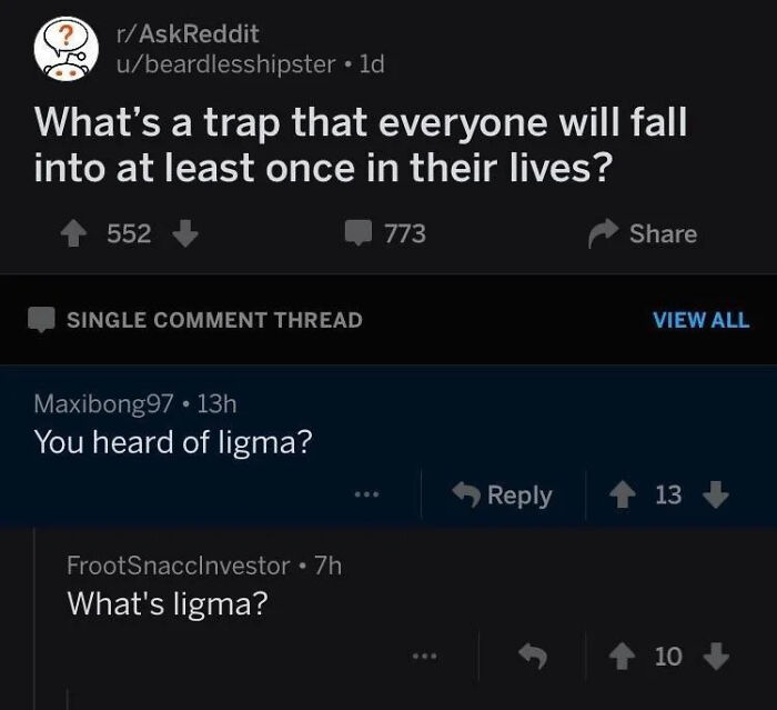 Reddit thread showing a trap question that everyone falls into, capturing a frozen frame without the aftermath.