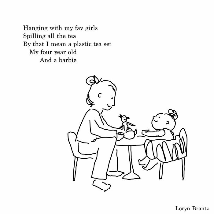 Illustration of a parent and child having a playful tea party, capturing joys and challenges of parenting in a poem.