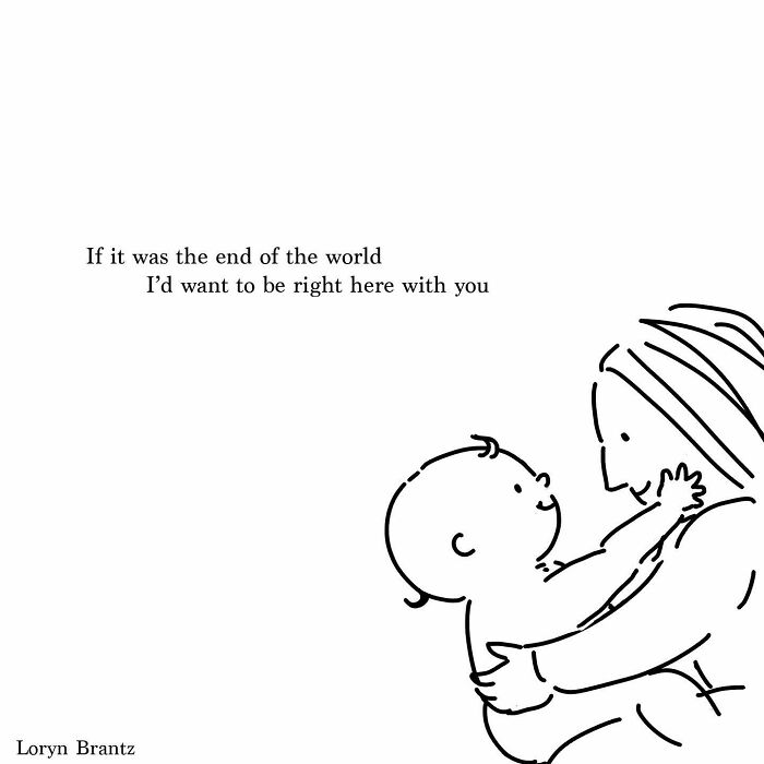 Simple black and white drawing of parent and baby with a poem about joys and challenges of parenting.