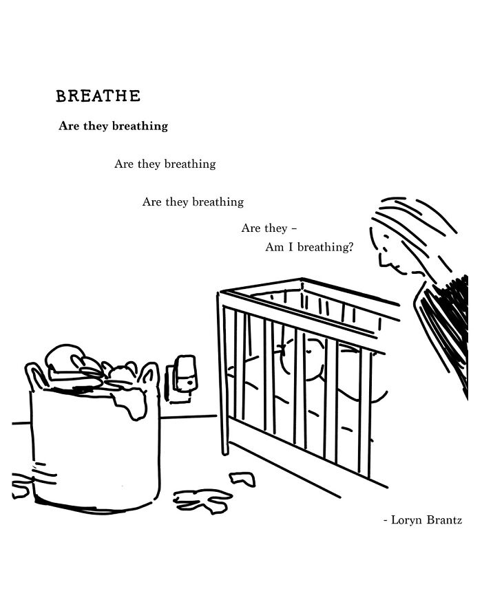 Black and white drawing of a parent checking on a baby in a crib, illustrating parenting joys and challenges poem.