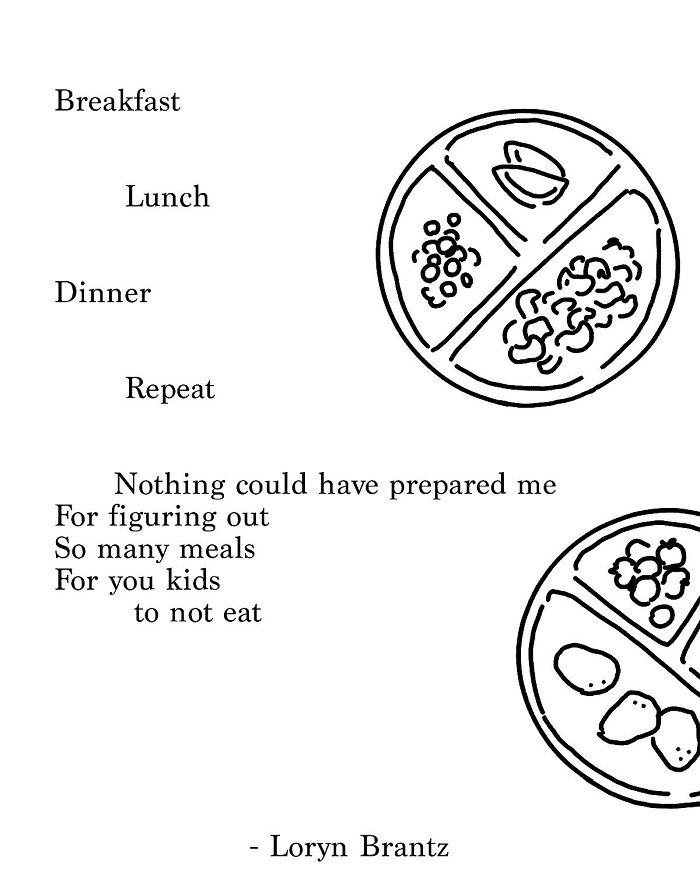 Poem about parenting challenges and joys with illustrations of kids' uneaten meals on divided plates.