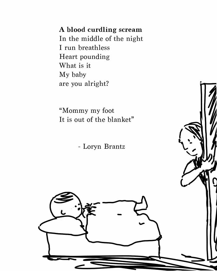 Poem about parenting challenges showing a worried parent checking on a baby with a foot out of the blanket.