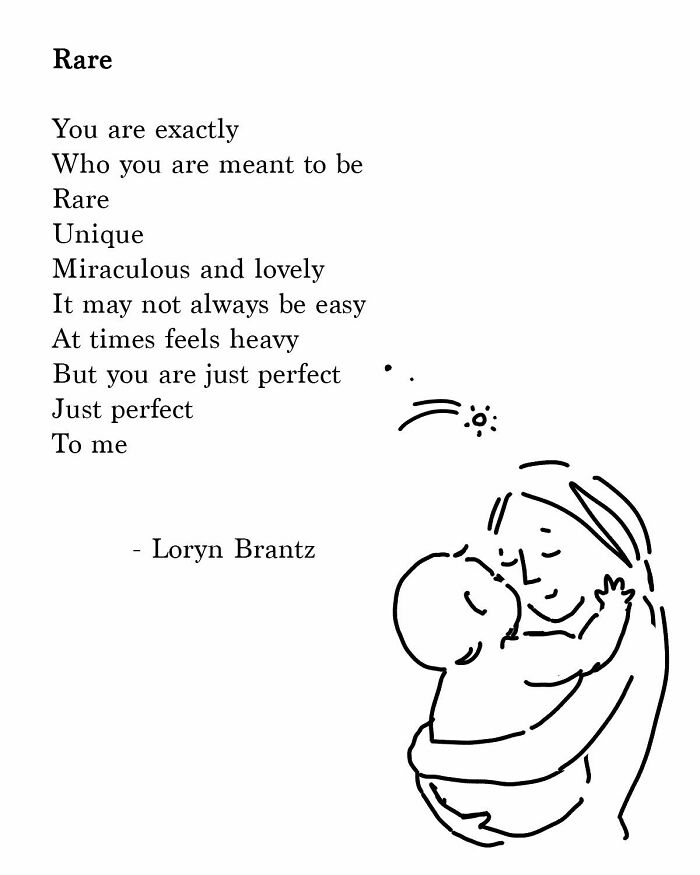Poem about parenting joys and challenges by Loryn Brantz with a simple illustration of a parent hugging a baby.