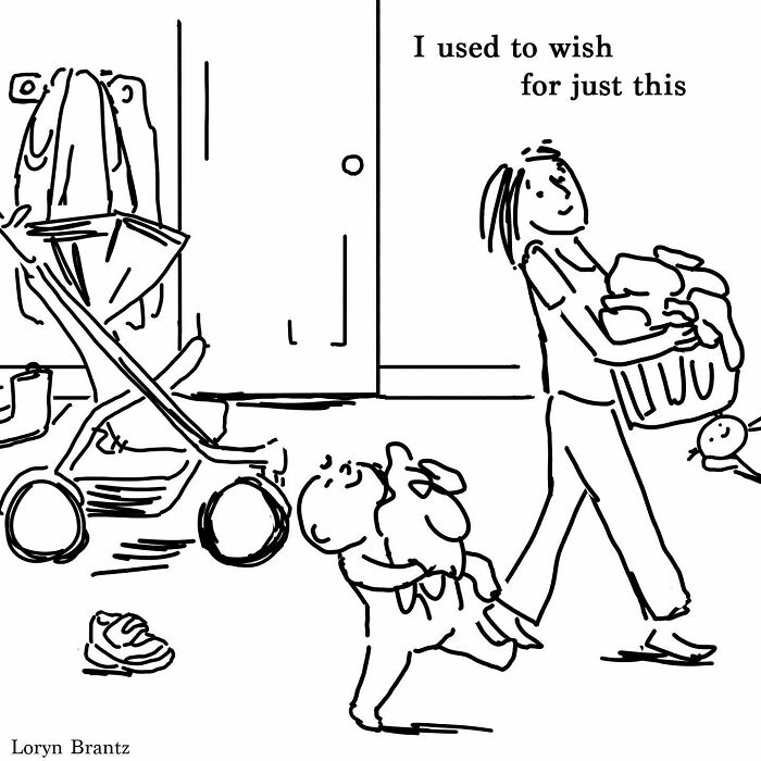 Mother carrying laundry and toddler, with stroller and shoes on the floor, illustrating joys and challenges of parenting.