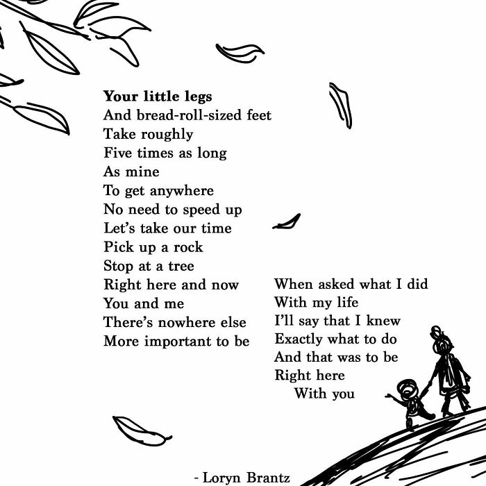 Poem about parenting joys and challenges, featuring a child and adult walking, with simple line art and falling leaves.