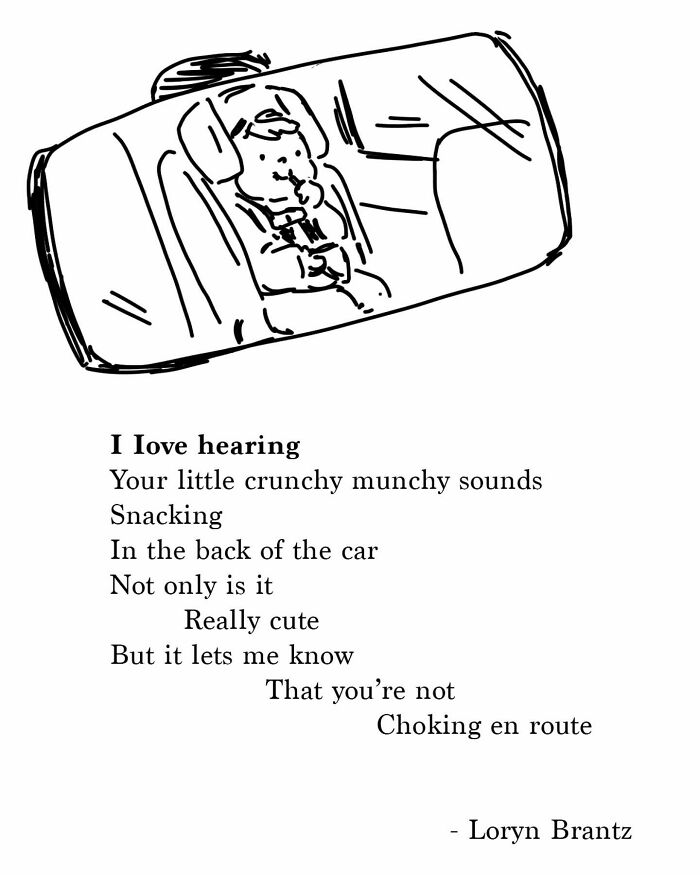 Illustration of a child snacking in a car seat with a wholesome poem about joys and challenges of parenting by Loryn Brantz.