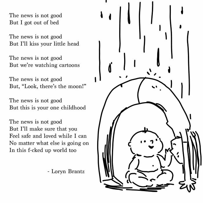 Hand-drawn poem about parenting joys and challenges with a baby and protective parent illustration in black and white.