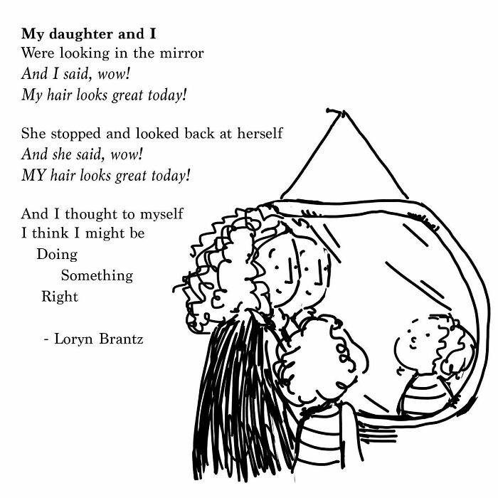 Illustration of a mother and child looking in the mirror with a poem about parenting joys and challenges by Loryn Brantz.
